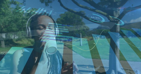 Statistical data processing against african american woman wearing headphones drinking coffee