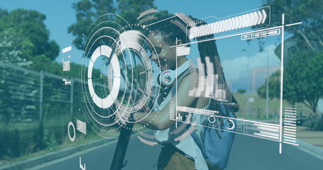 Round scanner and data processing against african american woman using smartwatch