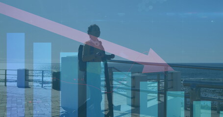 Statistical data processing against african american woman riding scooter on promenade