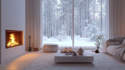 A charming living room with a white minimalist design, a glowing fireplace, and a set tea table, framed by a wintry forest scene outside, perfect for slow living.  