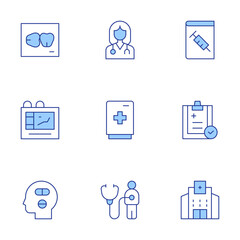 Medical icons set. Line Duotone style, editable stroke. medication, x ray, medical laboratory, medical book, medical report, hospital, fridge, doctor