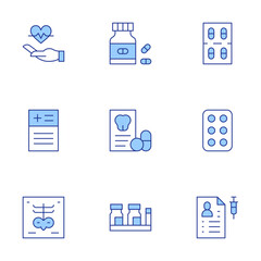 Medical icons set. Line Duotone style, editable stroke. medicine, prescription, pills, medication, medical record, x ray, medical insurance