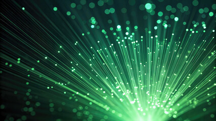 Fototapeta premium Abstract background with green glowing rays and bokeh dots. Big data concept. Vector for banner. Green tech wallpaper.