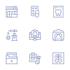 Medical icons set. Thin Line style, editable stroke. drug, tomography, holter, tooth, x rays, medical clinic, medical lab, medical file