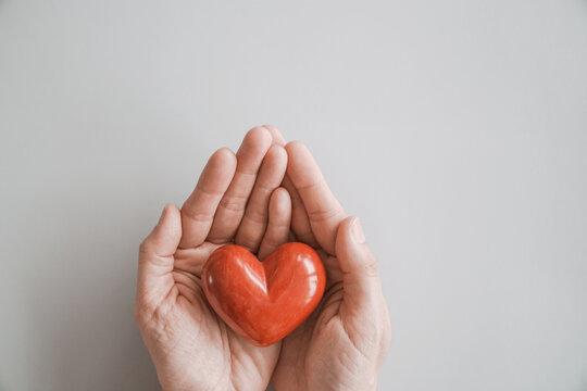 hands holding red heart, heart health insurance, charity volunteer donation, CSR responsibility, world heart day, world health day, family day, adoption foster care home, compliment concept