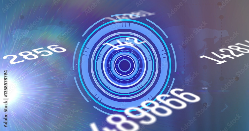 Poster image of digital interface showing circular scope and rising numbers with lens flare