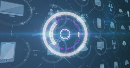 Image of scope scanning and numbers changing over hexagon digital icons