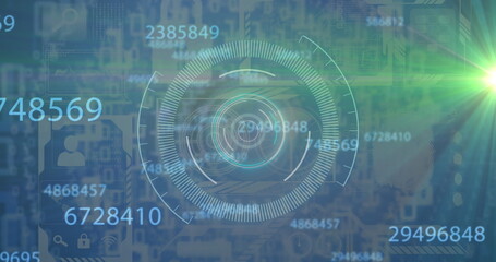 Multiple changing numbers and green spot of light against round scanner