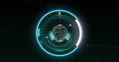 Globe of network of connection sinning over round scanner against black background