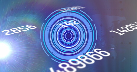 Image of digital interface showing circular scope and rising numbers with lens flare