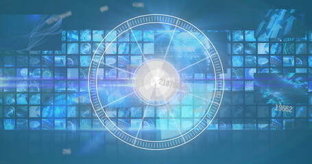Image of circular scope and rising numbers with composite screens behind