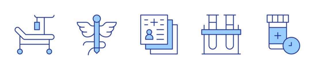 medical report, analysis, medicine, hospital bed, pharmacy. Medical Icon vector illustration. Line Duotone style. Editable stroke