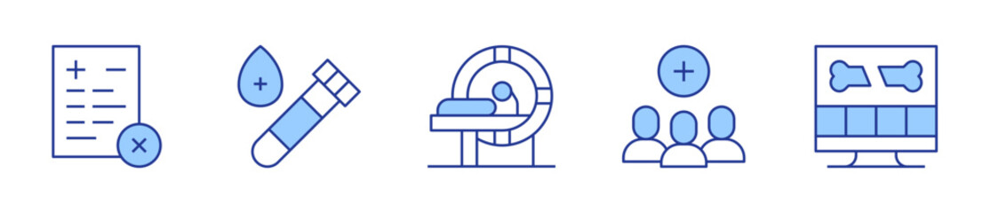 medical report, x ray, blood test, mri, group. Medical Icon vector illustration. Line Duotone style. Editable stroke © Blockfine