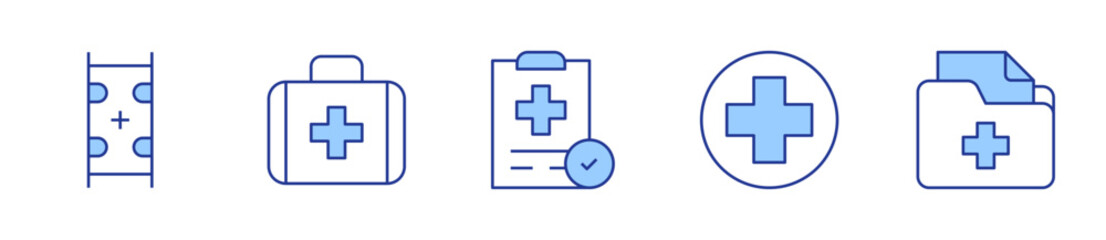 medical stretcher, health checkup, first aid kit, red cross, medical records. Medical Icon vector illustration. Line Duotone style. Editable stroke