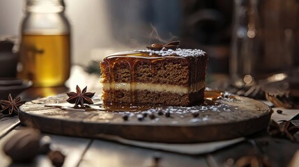 Delicious cake creation cozy kitchen food photography warm environment close-up view culinary delight