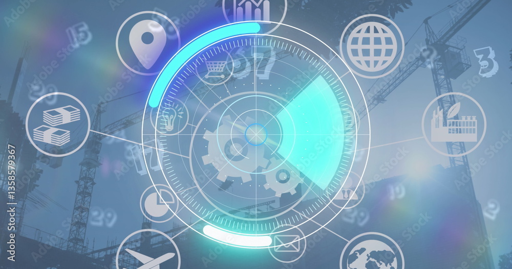 Poster image of scope scanning with network of icons with cranes in background