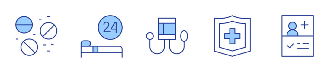 Fototapeta premium pills, sphygmomanometer, bed, medical, medical history. Medical Icon vector illustration. Line Duotone style. Editable stroke