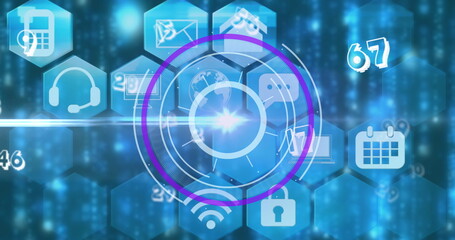 Image of digital interface showing circular scope with floating numbers and media icons in blue