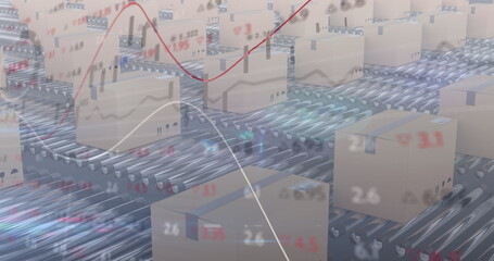 Image of statistics with lines and data processing over cardboard boxes on conveyor belts