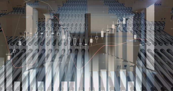 Image of statistics recording over cardboard boxes on conveyor belts