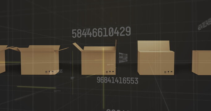Image of numbers changing and data processing over cardboard boxes moving - Powered by Adobe