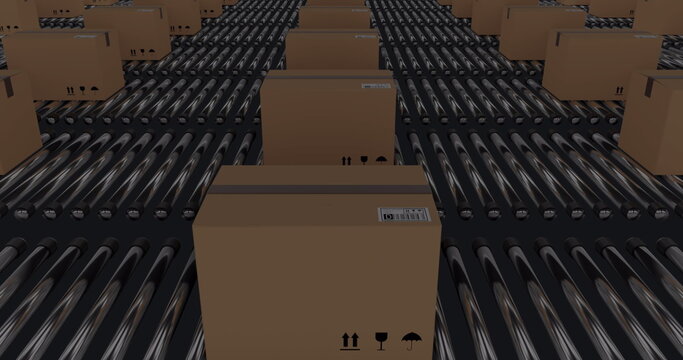 Image of numbers changing and data processing over cardboard boxes on conveyor belts - Powered by Adobe