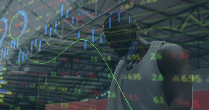 Image of statistics recording over man in face mask drinking water taking break in exercising - Powered by Adobe