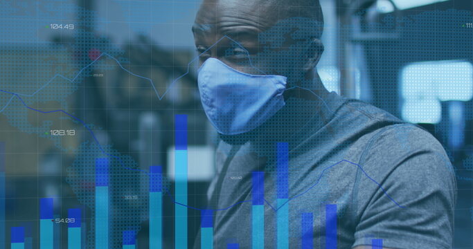 Image of statistics recording over man in face mask sneezing in gym - Powered by Adobe