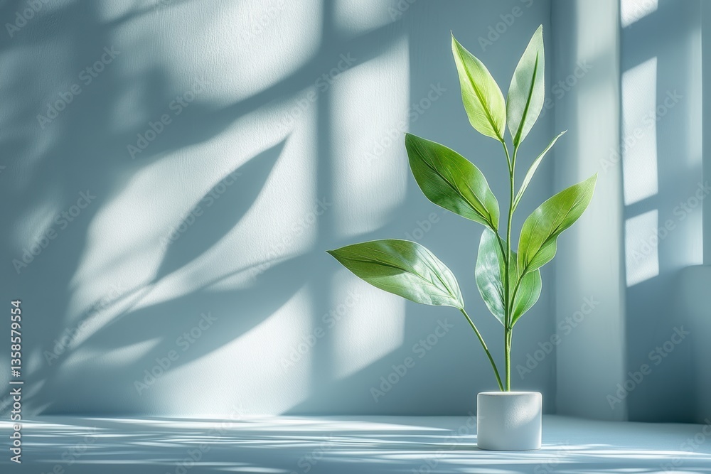 Aufkleber a vibrant green plant in a white pot casts elegant shadows on a wall, creating a serene and calming 