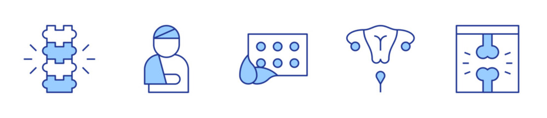 spine, injury, pills, pap smear, x rays. Medical Icon vector illustration. Line Duotone style. Editable stroke