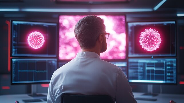 Scientist analyzing digital data on multiple screens, focused on viral imagery in a futuristic lab setting.