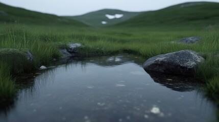Tranquil mountain meadow with a reflecting pool. Lush green grass surrounds a small, still pool of water, reflecting the surrounding misty mountains.  Rocky outcroppings add texture to the scene