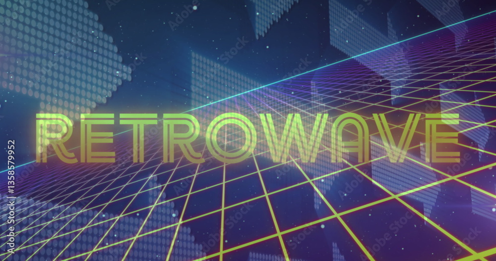 Poster image of retrowave text over a grid and multiple floating arrows