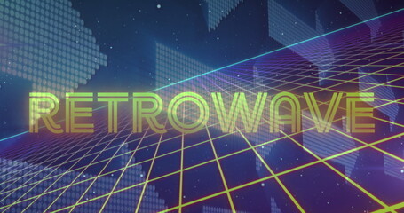 Image of retrowave text over a grid and multiple floating arrows
