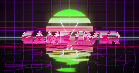 Naklejka premium Image of game over text over purple grid and digital sunset