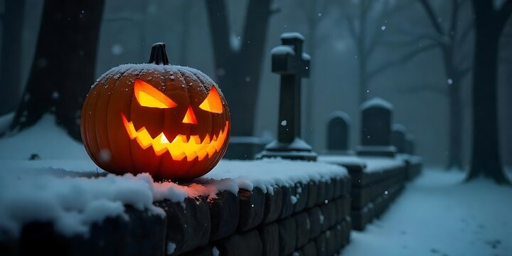 Jack O' Lanterns In Creepy Graveyard In The Spooky Night, Halloween, Pumpkins Backdrop