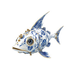 Ornate Porcelain Fish Sculpture with Blue and White Delftware Design and Gold Accents