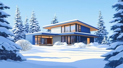A contemporary blue house in a winter wonderland, with pine trees covered in fresh snow framing the modern structure against a clear winter sky. 