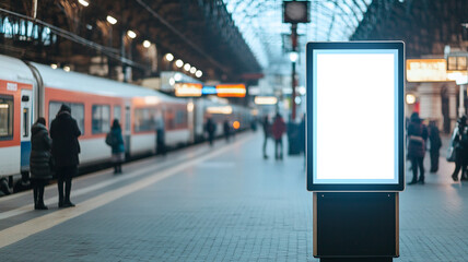 Mock up. Vertical advertising billboard, lightbox with empty digital screen on railway station. Blank white poster advertising, public information board stands at station in front of people and train