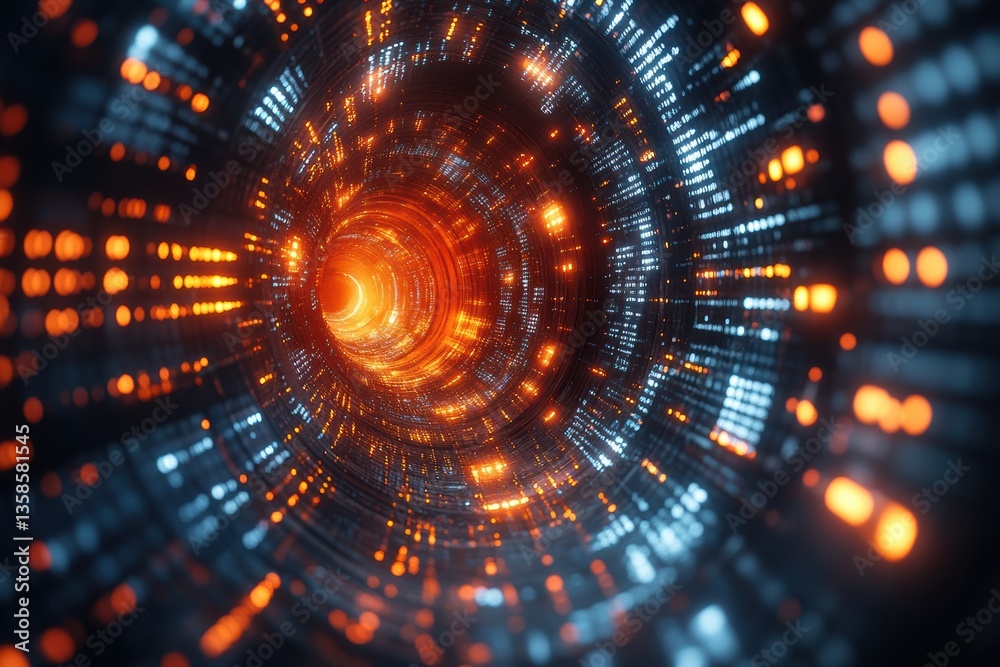 Poster Abstract digital tunnel showcasing vibrant lights and patterns, representing futuristic concepts and technological advancements.