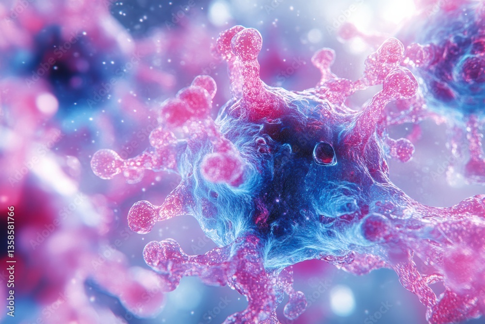 Poster Abstract representation of a virus with vibrant colors, highlighting the complexity and intricacy of microscopic life forms.