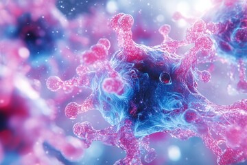 Fototapeta premium Abstract representation of a virus with vibrant colors, highlighting the complexity and intricacy of microscopic life forms.