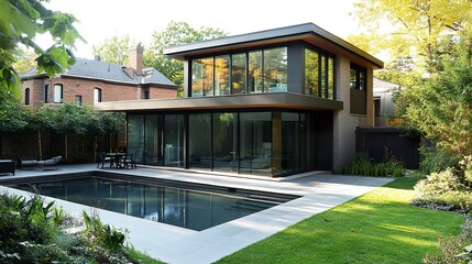 Fototapeta premium A contemporary house with a minimalist backyard design, a glass-enclosed patio, and a sophisticated pool as the focal point. 