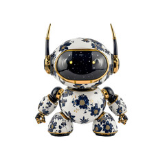 Obraz premium Porcelain Robot Figurine with Blue and White Floral Design and Gold Accents