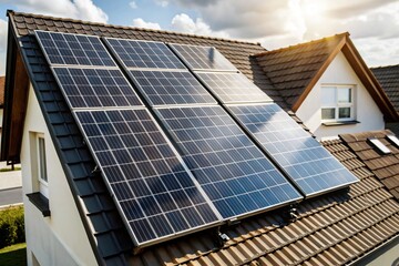Fototapeta premium High-resolution image showcasing a residential home rooftop equipped with multiple solar panels efficiently harnessing sunlight for clean energy production on a bright sunny day.