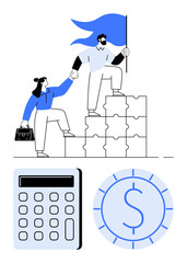 Teamwork as man helps woman climb puzzle pieces, flag raised for progress. Calculator and dollar symbol suggest planning, success, growth. Ideal for leadership, support, teamwork, finance business