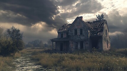 Obraz premium A desolate, crumbling house with fractured windows and a roof in shambles, standing under a foreboding sky filled with thick, dark clouds. 