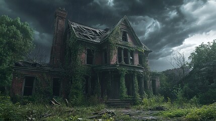 A haunting abandoned home with broken windows, overgrown vegetation, and a backdrop of dark, swirling storm clouds, creating a ghostly atmosphere.  
