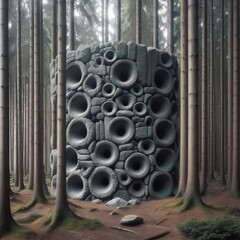Resonant stone wall in a coniferous forest Wind hums through hol