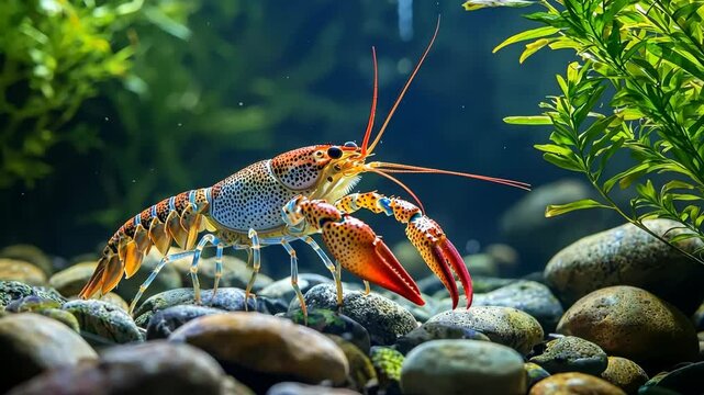 Crayfish resting in a shallow lake, with sunlight filtering through the water, beautifully illuminating its vibrant colors and natural details in a tranquil setting.